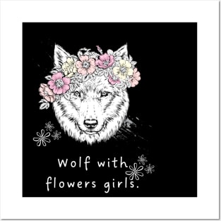 Wolf with flowers girls. Posters and Art